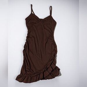 Chocolate Brown Ruched Ruffle Hem Boutique Mini Dress 🤎✨ NWOT